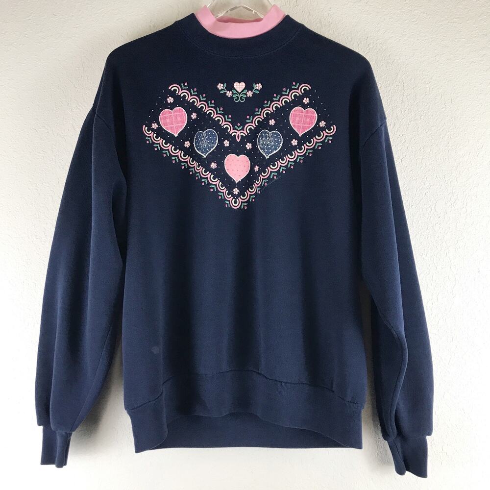 Vintage 90s Heart Floral Graphic Pink Collar Made in USA Pullover Sweatshirt L